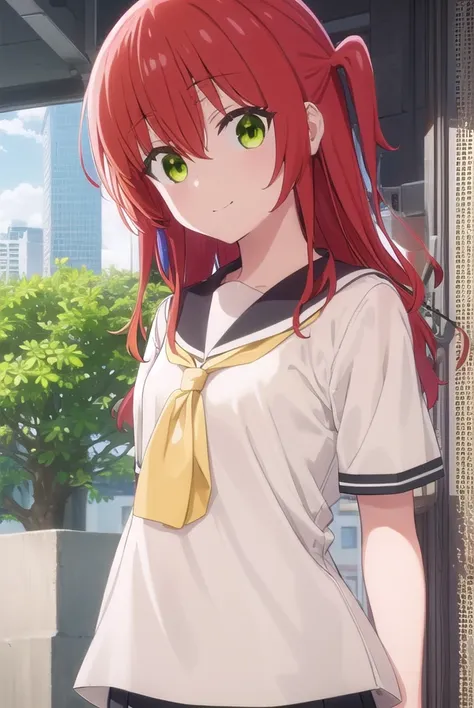 kitaikuyo, <lora:ikuyo kita s1-lora-nochekaiser:1>, 
ikuyo kita, (green eyes:1.5), hair between eyes, long hair, one side up, red hair, smile,
BREAK black footwear, black skirt, grey sailor collar, pleated skirt, sailor collar, school uniform, shoes, short...