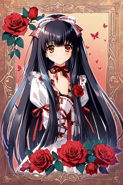 1girl,flower,solo,rose,long hair,red flower,hair bow,bow,red rose,butterfly,ribbon,brown eyes,black hair,<lora:Carnelian_XL:0.8>,