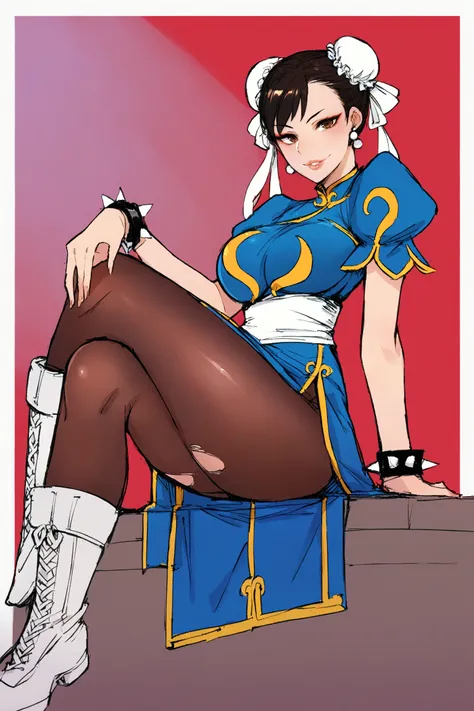 score_9, score_8_up, score_7_up, score_6_up, score_5_up, score_4_up, source_anime, ratatatat74, sketch, (mature female:1.2), chun-li, white footwear, 1girl, solo, chinese clothes, short sleeves, jewelry, bracelet, boots, torn clothes, bun cover, puffy shor...