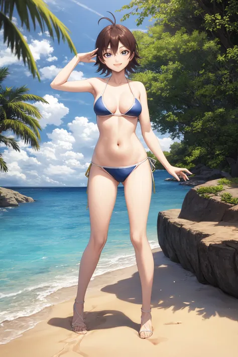 masterpiece, best quality, 1girl, karyoten, ahoge, brown hair, short hair, blue eyes, bikini,
smile, full body, standing, solo, sea, sand, blue sky, tropical island background <lora:KaryoTen:1>