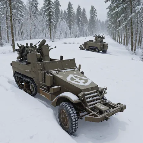 Snow blankets the ground as an m16mtchppr halftrack provides crucial support to American infantry pinned down by German forces in the dense Ardennes forest. Its guns unleash a hail of bullets, creating a protective barrier against enemy soldiers, apxlz