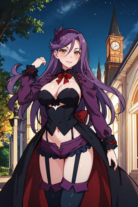 masterpiece, best quality, <lora:almaria-nvwls-v1-000009:0.9> almaria, hairband, hair ornament, black dress, purple jacket, purple shorts, garter belt, thigh boots, large breasts, victorian architecture, night sky, withered trees, smile