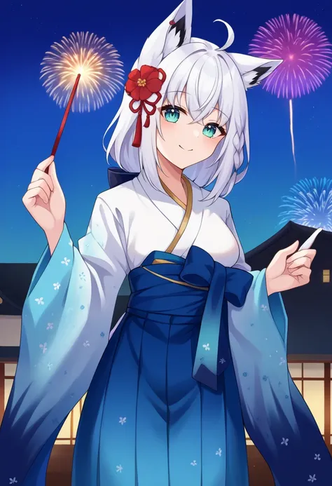 score_9 BREAK source_anime, 1girl, solo, fireworks, fubukinewyears, white kimono, blue bow, blue hakama, japanese clothes, hair flower, white hair, single side braid, ahoge, piercing, fox tail, pentagram, smile <lora:fubukiXL-10:1>