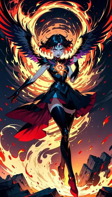 color play, angry, screaming, explosion, Dark Phoenix girl, Sailor Moon style, shadow play, pose, wings, composition, flowing magic around her, (fire:1.15),
(masterpiece,best quality:1.2), (detailed, 4k, high quality:1.05)