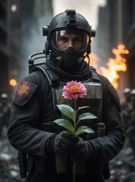 cinematic film still, a city, riot, fire, a dystopian future, year 3000, sci fi, amazing details, (a soldier holding a small flower), dark atmosphere, shallow depth of field, vignette, highly detailed, high budget, bokeh, cinemascope, moody, epic, gorgeous...