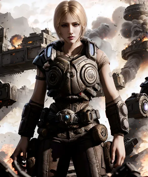 anya_stroud, standing, explosion, bomb, fire, gears of war setting, gritty, outdoor, looking at viewer, armor, short hair, blonde hair, hands in pocket <lora:Anya_Stroud-15:0.8>