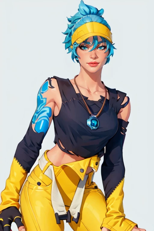 masterpiece,best quality,face detail,extreme detail,8k,white background,<lora:Comet:0.8>,cometfn,1girl,solo,looking at viewer,short hair,bangs,shirt,gloves,jewelry,closed mouth,blue hair,cowboy shot,fingerless gloves,necklace,lips,torn clothes,tattoo,singl...