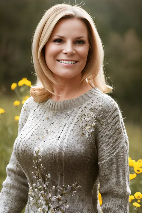 well lit Portrait photo of BHillary, smiling, happy, woman mature, 50 years old, ((nature background)), Ultra-HD-details, nature, upper body, smile, Flowers, ((Sleek Sweater Dress))
 <lora:BHillary-000006:1>