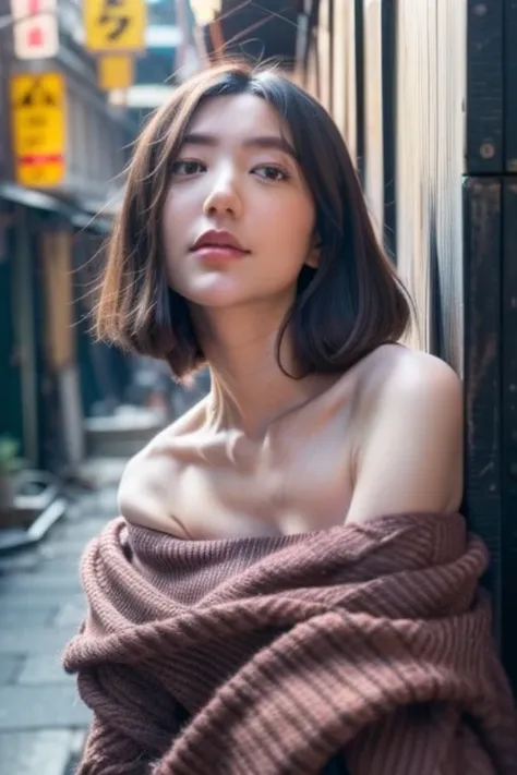 Best quality, masterpiece, ultra high res, (photorealistic:1.4), 1girl, in the dark, deep shadow, low key, slim body, undone hair, off shoulder, japanese street alley, dynamic pose, face closeup,<lora:puffkuo:1>,