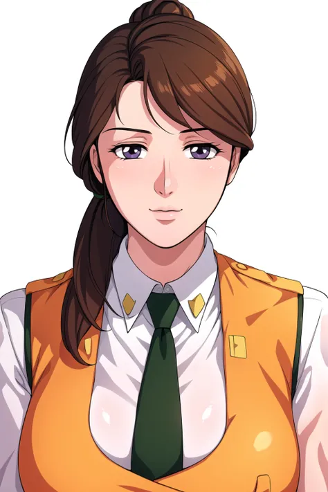 Simple Background,White Background,
jacket,orange vest, green necktie,uniform,collared shirt,
<lora:Shinobu_Nagumo_Patlabor-KK77-V1:0.7>,
Brown eyes, Brown hair,bangs,Long hair,low ponytail, 
<lora:Oda_Non_Style-KK77-V2:0.3>,<lora:more_details:0.1>,
1 girl...