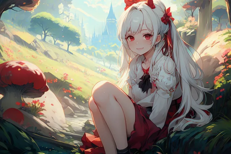 1girl with white ponytail hair, red eyes, ordinary clothing, In a whimsical fairy realm, happy, sitting, detailed