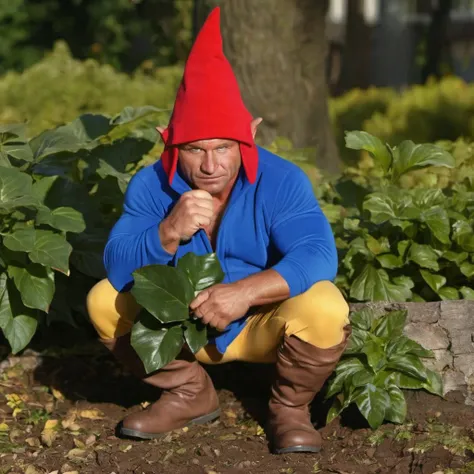 Pudzian in garden gnome costume, bush, hiding, leaves, crouching, closeup, portrait, high quality