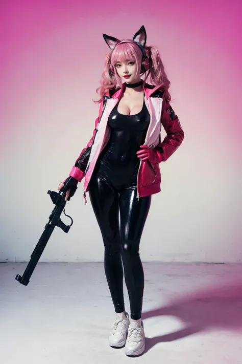 colorful, hezi, cosplay costume, beauty, stunning, 1girl, headphones, solo, weapon, gun, sniper rifle, gloves, pink bodysuit, skin tight, bodysuit, rifle, animal ears, animal ear headphones, headset, jacket, shoes, fake animal ears, twintails, full body, c...