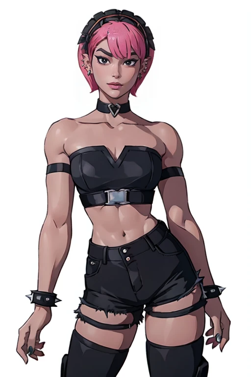 masterpiece,best quality,face detail,extreme detail,8k,white background,<lora:minapark:0.7>,minapark,1girl,solo,breasts,looking at viewer,short hair,simple background,thighhighs,bare shoulders,jewelry,pink hair,hairband,earrings,boots,shorts,choker,midriff...