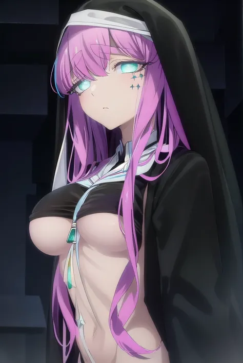 sistergigant, <lora:sister gigant s1-alpha-lora-nochekaiser:1>,
sister gigant, long hair, very long hair, (green eyes:1.3), pink hair, facial mark,
BREAK long sleeves, dress, black dress, underboob, veil, nun, habit,
BREAK outdoors, city,
BREAK looking at ...