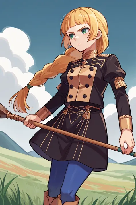 score_9, score_8_up, source_anime, 1girl, solo <lora:ingrid-pdxl-nvwls-v1-000007:0.9> defingrid, bangs, braided ponytail, black jacket, black skirt, blue pantyhose, furrowed brow, serious, spear, holding spear, field, blue sky, boots