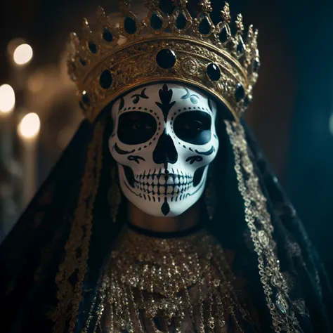 a close up of a woman with a skull face painted like a queen . , close-up portrait goddess skull, beautiful male god of death, portrait of the god of death, saint skeleton queen, portrait of a god of death, portrait of a holy necromancer, goddess of death,...