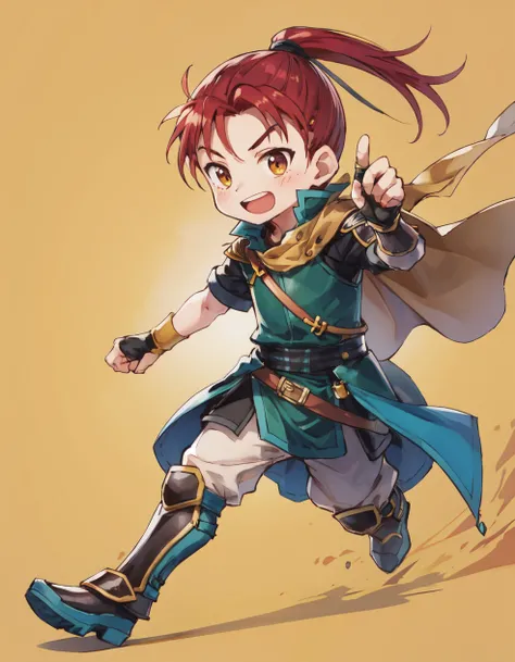 masterpiece, best quality, chibi, 1boy, full body, running, smile, open mouth, <lora:ShinonFE9-bsinky-v1:0.7> defShinon, ponytail, cape, armor, fingerless gloves, boots, yellow background