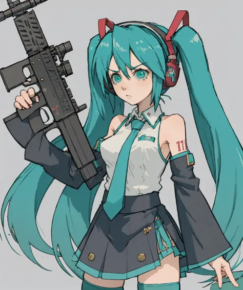 1girl,solo,long hair,skirt,thighhighs,holding,twintails,very long hair,weapon,detached sleeves,necktie,holding weapon,aqua eyes,zettai ryouiki,gun,aqua hair,holding gun,rifle,headset,oekaki,assault rifle,aqua necktie,spring onion,<lora:pantsu-ripper-08:1>,