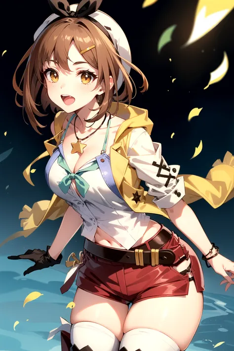 Ryza,  1girl,  brown_eyes,  short_hair,  brown_hair,  hairclip,  (yellow_hairclip),  thighhighs,  single_glove,  white_headwear,  (white_shirt),  brown_gloves,  brown_belt,  short_shorts,  red_shorts,  bangs,  jewelry,  medium_breasts,  star_necklace,  cle...