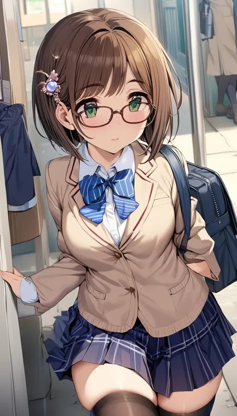 <lora:Maekawa Miku:1>,1girl,brown hair,green eyes,maekawa miku,glasses,brown hair,thighhighs,school uniform,green eyes,1girl,short hair,hair ornament,bag,school bag,book,skirt,, masterpiece, best quality,