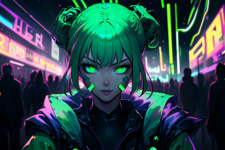 1guy with green twintails hair, green eyes, High fashion clothing, In a neon-lit cybernetic metropolis, exited, modelposing, masquerade mask