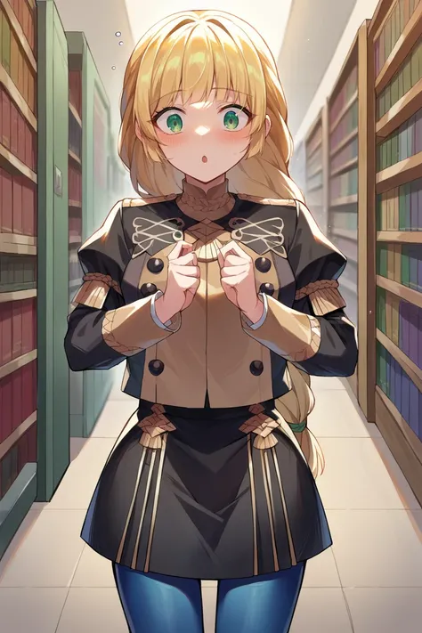 score_9, score_8_up, source_anime, 1girl, solo <lora:ingrid-pdxl-nvwls-v1-000007:0.9> defingrid, bangs, braided ponytail, black jacket, black skirt, blue pantyhose, blush, surprised, cowboy shot, hallway, library, looking at viewer, pov