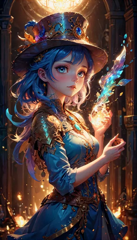 woman in hat an ultra hd detailed painting, digital art, Jean-Baptiste Monge style, bright, beautiful, splash, Glittering, cute and adorable, filigree, rim lighting, lights, extremely, magic, surreal, fantasy, digital art, wlop, artgerm and james jean, Bro...