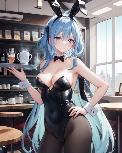 masterpiece,best quality,highres,ultra-detailed,solo,cowboy shot,1girl,medium_breasts,long hair,light blue hair,indoors,coffee shop,hand on hip,holding_tray,playboy bunny,