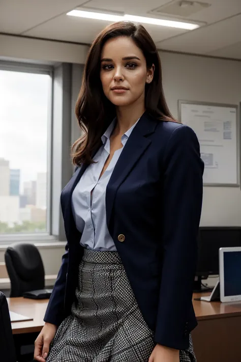 <lora:mondongo_LoRA_MelissaFumero:1> mndngwmn, wearing a suit jacket with a shirt and a skirt, on an office, (ultra realistic, 8k,high quality)