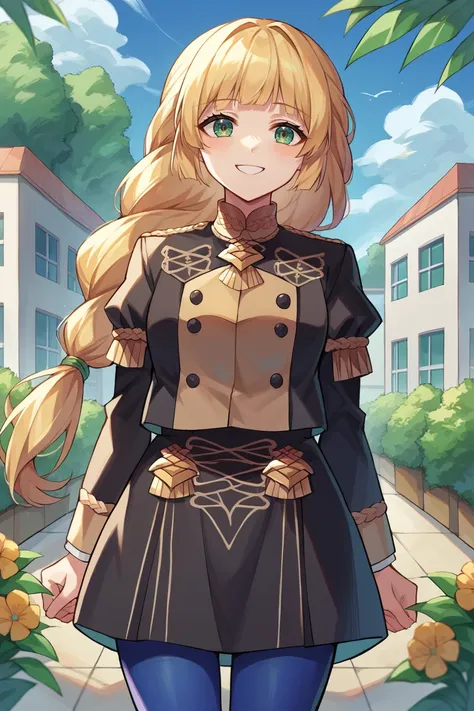 score_9, score_8_up, source_anime, 1girl <lora:ingrid-pdxl-nvwls-v1-000007:1> defingrid, bangs, braided ponytail, black jacket, black skirt, blue pantyhose, cowboy shot, looking at viewer, smile, garden, school building, blue sky