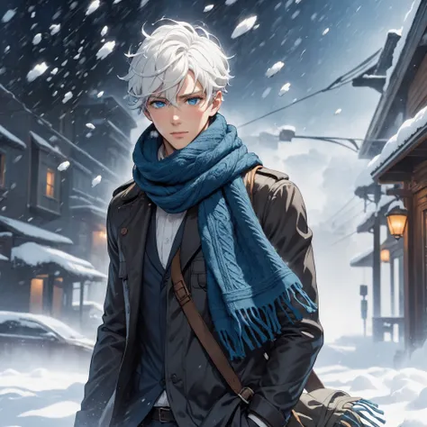 short hair, male, white hair, blue eyes, scarf, blizzard