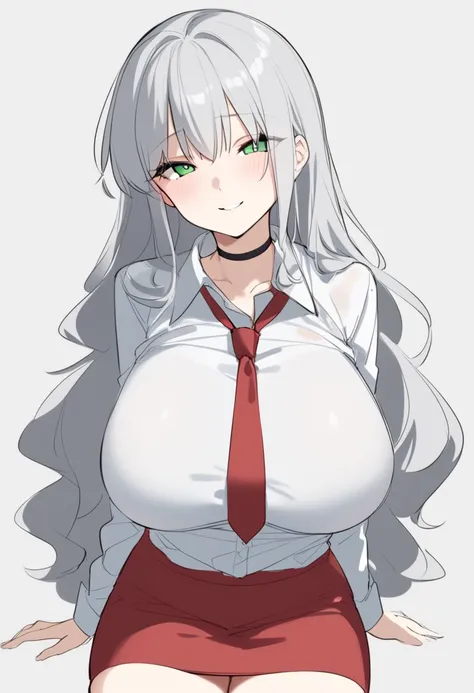 1girl, solo, 
long hair, wavy hair, silver hair, green eyes, large breasts, white shirt, collared shirt, seductive smile, choker, red necktie, red miniskirt, 
white background, simple background, sketch, 
masterpiece, best quality,