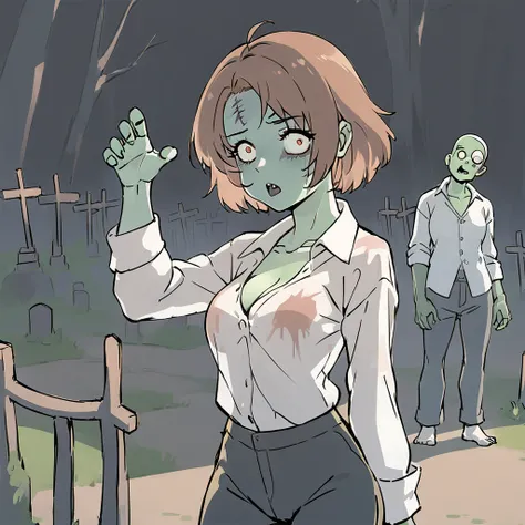 graveyard , masterpiece,best quality,1girl,(zombie),brown hair,short hair,white shirt,pants, <lora:takanashi wotori2024-000015:1>