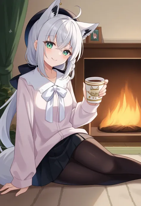 score_9 BREAK source_anime, 1girl, indoors, fireplace, holding cup, sitting, fubukicasual, white shirt, white bow, beret, black skirt, black pantyhose, white hair, single side braid, ahoge, piercing, fox tail, pentagram, light smile<lora:fubukiXL-10:1>