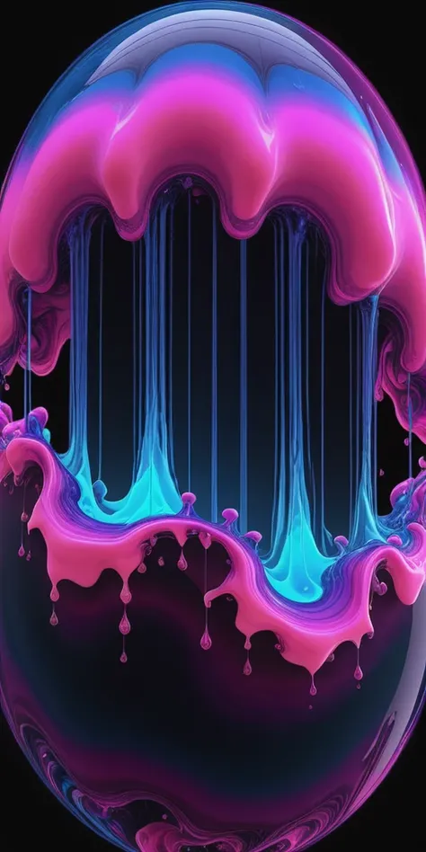 #disassambled 3d, slow motion, fitting screen, slowly droping from top to down, a vibrant fluo blue to fluo pink to fluo violet radial gradient #fractal smoky clouds [inside dripping soap vertical elipsoid bubble], glowing lightnings edges only wire, profe...