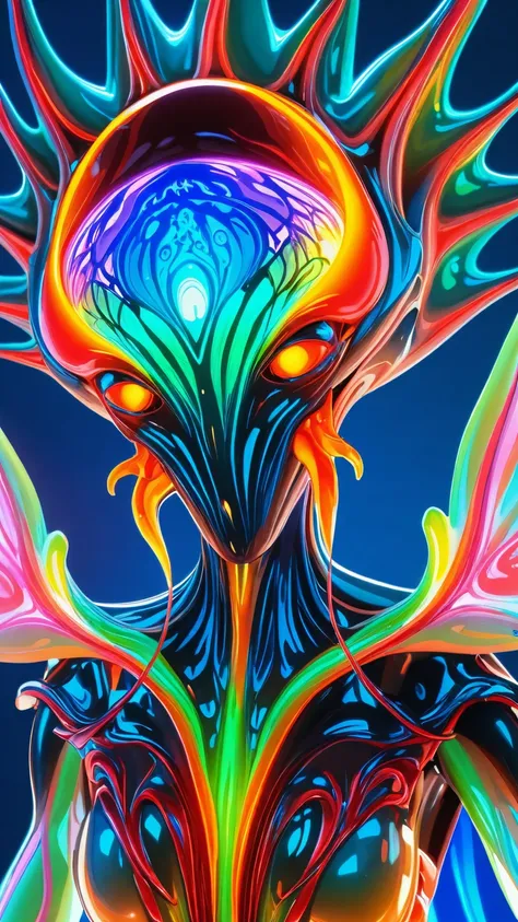 impossibly beautiful portrait of alien shapeshifter entity, insane smile, intricate complexity, surreal horror, inverted neon rainbow drip paint, photoreal, octane render by greg rutkowski, Jim Mahfood, Portrait, Glass seashell filled with bioluminescent s...