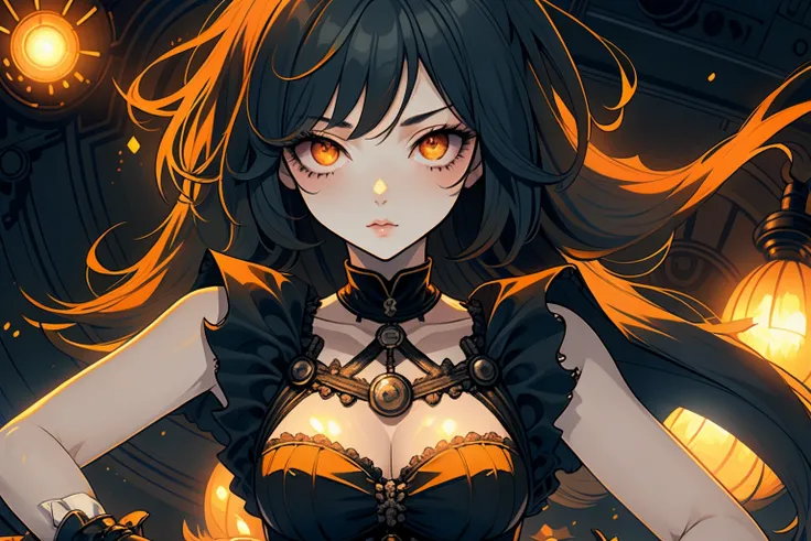 ghost with black wavy hair, orange eyes, Lingerie clothing, In a steampunk world, Annoyed, playful pose, detailed