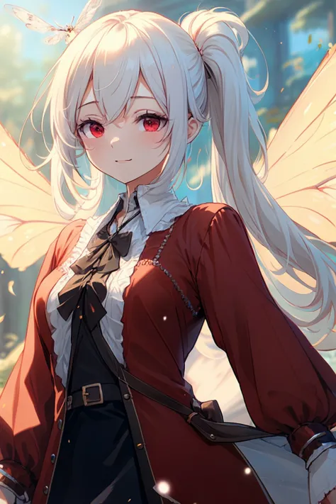 1girl with white ponytail hair, red eyes, ordinary clothing, In a whimsical fairy realm, happy, detailed, pair of wings