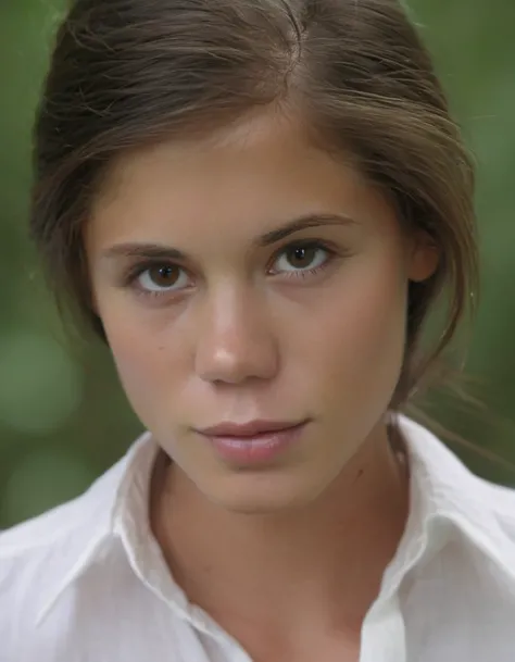 little caprice a woman, close-up, woman, brown eyes, brunette, natural makeup, white shirt, looking at camera, clear skin, daylight, forest portrait, warm tones, high-resolution image, fine details, soft lighting, sharp focus, 8k, high res, Masterpiece, Ni...