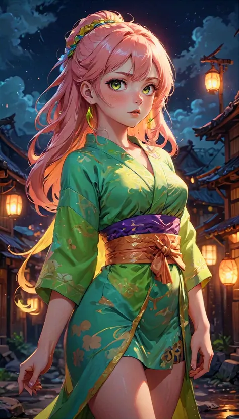 abandoned,cloud fantasy village in a Permanently Lit Peaks, anime style digital art, 1girl, woman, (neon barbarian:1.3), greenyellow lipstick, (blush:1.3), chartreuse eyes, pose,, (yukata:1.2) [:colorful costume design:0.2], bombshell hair, polished color:...