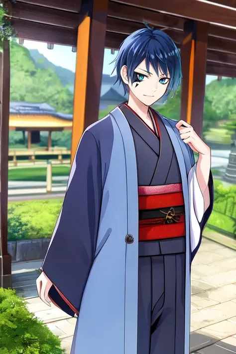 blue kimono, japanese temple, landscape, Deuce Spade, blue hair, blue eyes, right eye spade facepaint, 