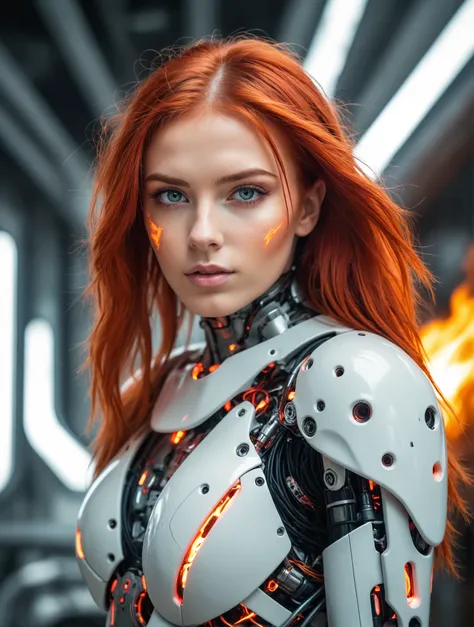 Best quality, Raw photo, face portrait, a young cyborg woman with fiery red hair. Her face fills the frame, bathed in neon hues, exuding determination and mystery amidst a futuristic backdrop