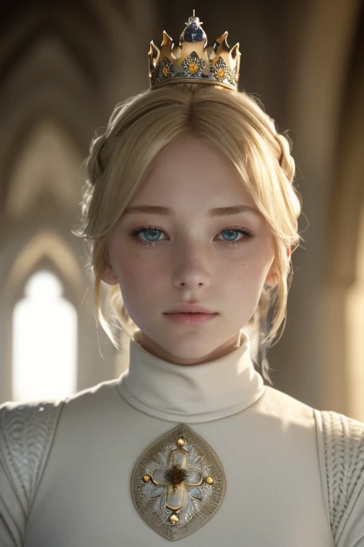 portrait of the wo_haleyben01,  head and shoulders shot,  blonde,  tied in a bun hair,  serious look,  wearing a white medieval dress with a turtleneck,  tiny_crown,  castle at the background,  global illumination,  high details,  UHD,  RAW,  HDR effect,  ...