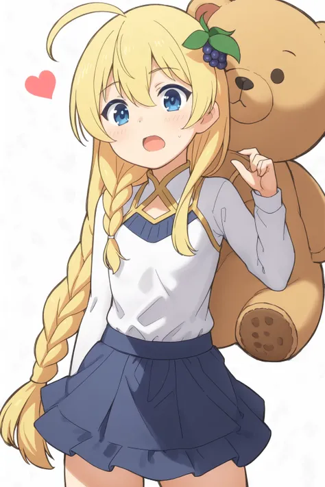 <lora:irisV1:0.7>
iris,
1girl, ahoge, bangs, blonde_hair, blue_eyes, blush, braid, chibi, dress, eyebrows_visible_through_hair, hair_between_eyes, hair_ornament, heart, long_hair, looking_at_viewer, open_mouth, simple_background, skirt, solo, stuffed_anima...