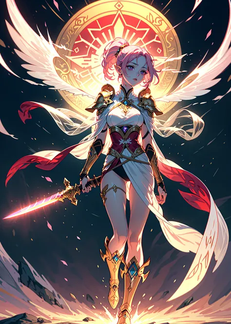 ice and red fire, intricate,
1girl Hikari, elf, average height, slender yet athletic build. 
pink hair streaked,
fair skin,
intricate patterns reminiscent of radiant energy, shimmering softly when exposed to light.
(holding two swords Blades in her both ha...