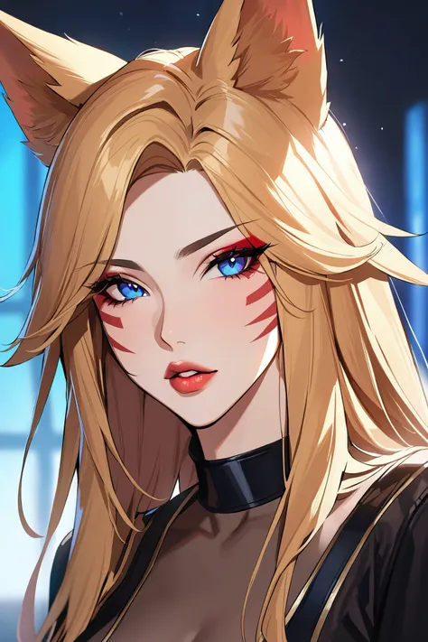 1girl, solo, long hair, looking at viewer, blue eyes, blonde hair, hair ornament, animal ears, parted lips, lips, see-through, fox ears, makeup, facial mark, portrait, eyeshadow, whisker markings, k/da (league of legends), ahri (league of legends),masterpi...