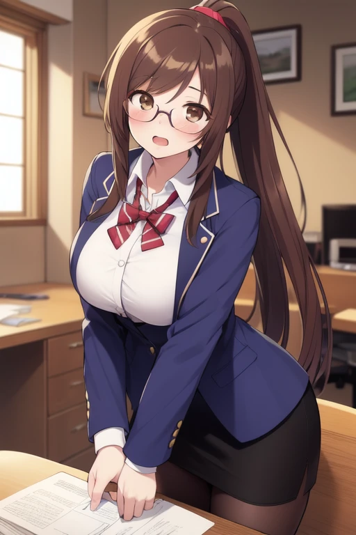 <lora:DisVanish:0.8>, DisVanishAYA,  1girl, bangs, blue jacket, blush, breast hold, breasts, brown eyes, brown hair, desk, eyebrows visible through hair, formal, glasses, indoors, jacket, large breasts, long hair, looking at viewer, open mouth, pantyhose, ...