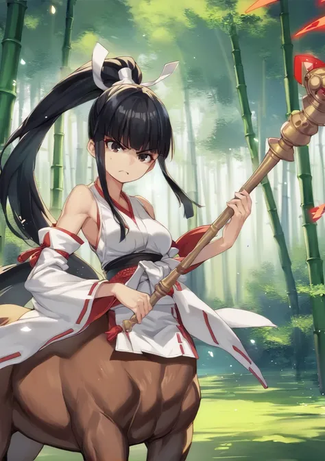 1girl, solo, centaur, black hair, ponytail, riboon, hime cut, miko, detached sleeves, medium breasts, bare shoulders, holding polearm, naginata, angry, outdoors, bamboo forest. close-up<lora:tasaka_shinnosuke cyocyo:0.8>