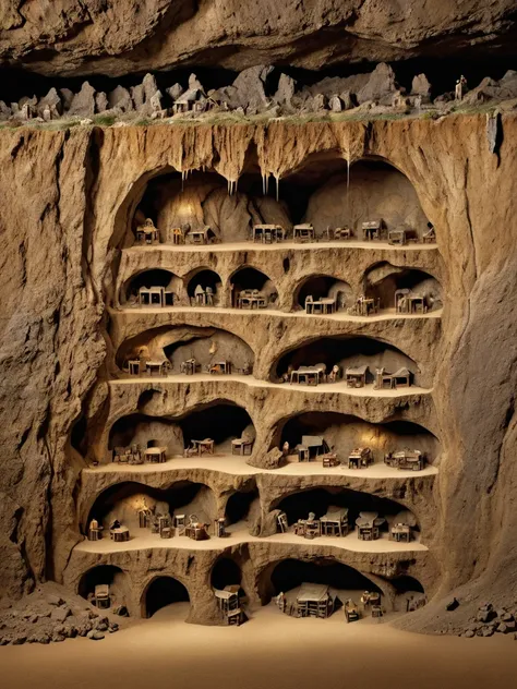 diagram of caves under a mountain, csu, cross-section, from the side, underground, burrow, fantasy landscape, national geographic, best quality, masterpiece, award winning photo,